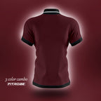 Back view of maroon polo shirt with black collar and arm band