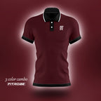 Front view of maroon polo shirt with black collar and arm band