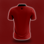 Back view of maroon red polo shirt with rounded collar and zipper