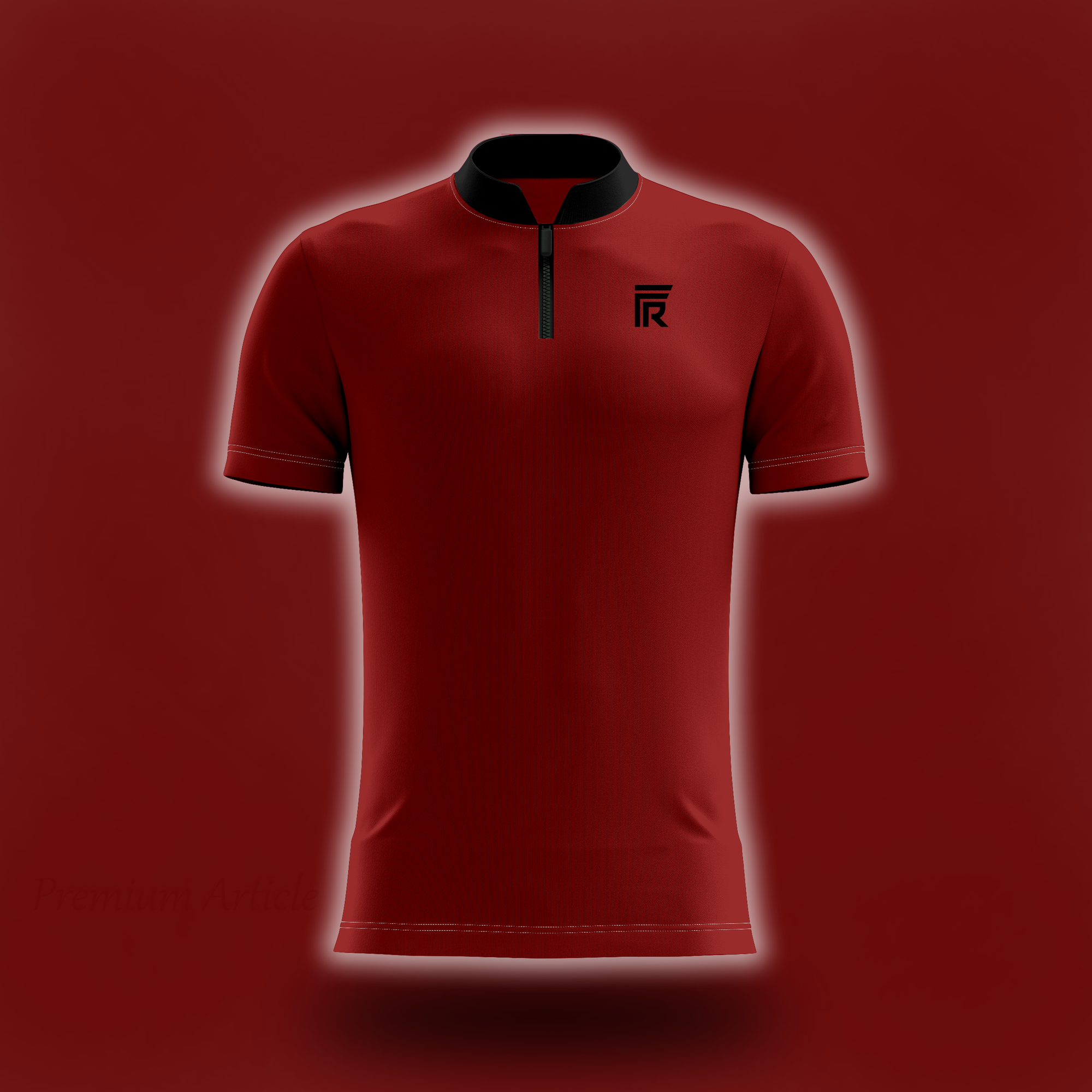 Round Collar with Zipper Red polo shirt with a black collar and logo on a red background